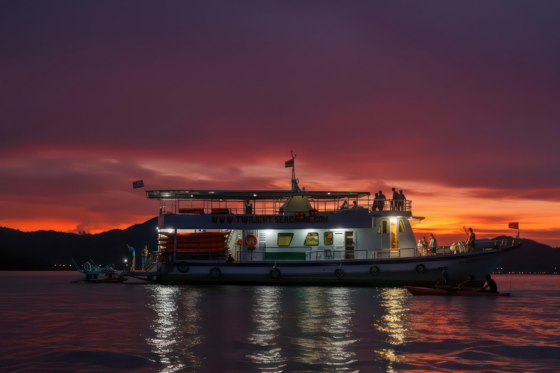 Twilight Sea Canoe boat beneath a vivid orange and purple sunset